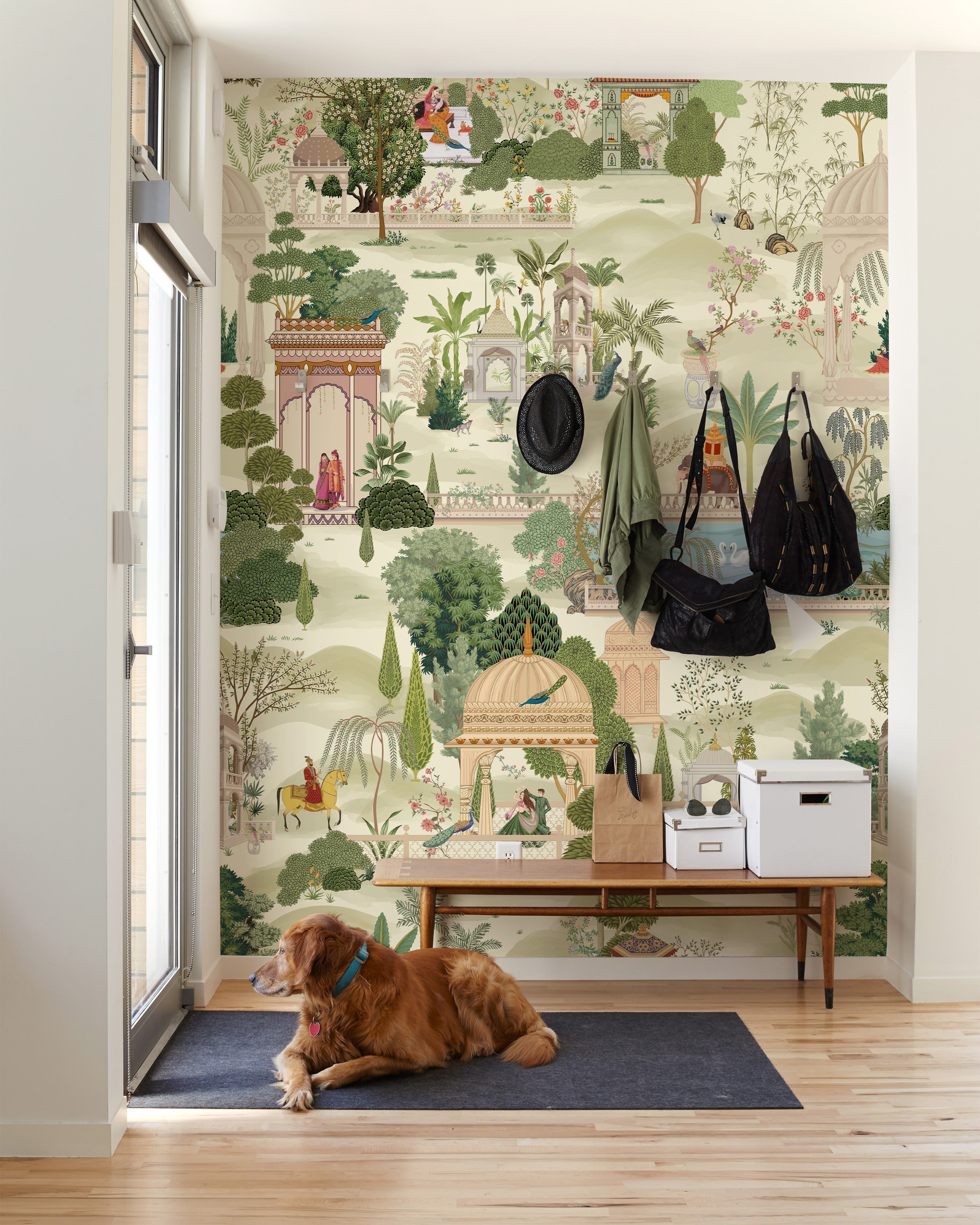 Indian garden scenic wallpaper in a bright bedroom with natural wood furniture
